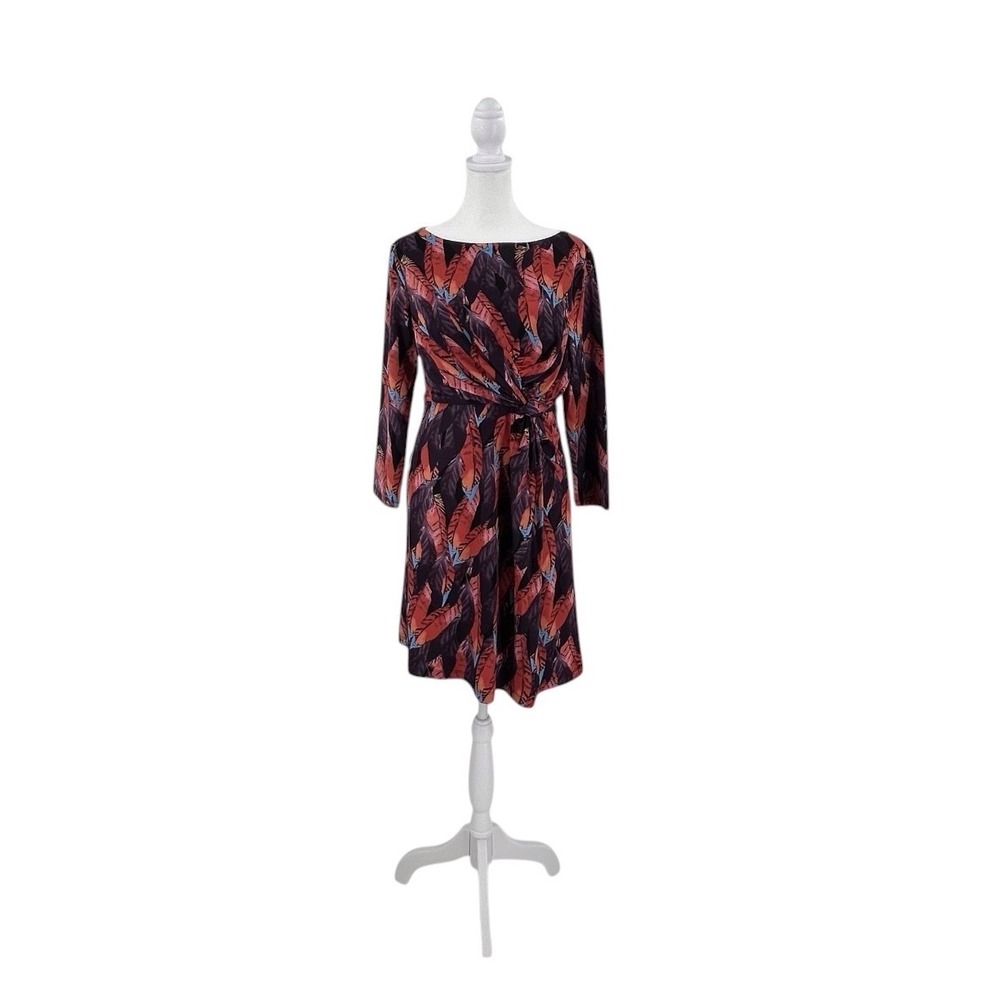 Tracy Negoshian Womens Feather Print Twist Front Sheath Dress Small Tropical